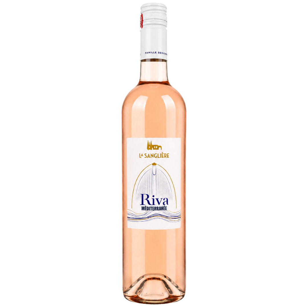 Op deze foto zie je een fles lichte provence rose van het wijnhuis domaine de la sangliere. Deze RIVA provence rose is de perfecte wijn voor van de zomer. op je boot, bij de barbecue of gewoon in de tuin. Ontdek de wijn bij Roble Wine Concepts.